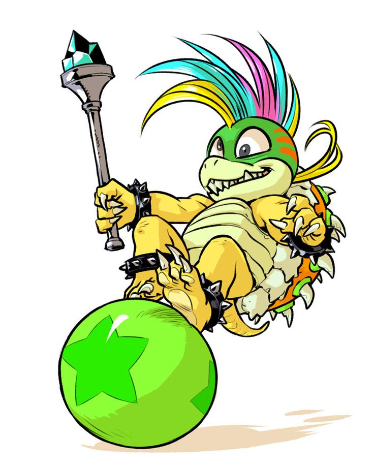 the image depicts lemmy koopa, a character from the super mario series, riding a green ball. he is holding a magic wand in one hand and wearing spiked bracelets. he has a mohawk hairstyle.