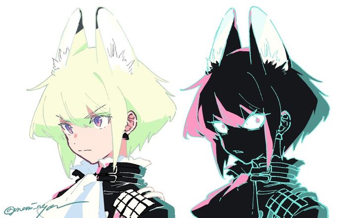 he image showcases two animestyle female characters, presented sidebyside. they appear to be the same individual, but depicted in vastly different artistic styles. one is rendered in bright, pastel tones with a light, almost ethereal feel, while the other is portrayed in dark, bold colors, creating a stark, shadowy effect.  both characters have foxlike ears and share similar punkinspired fashion choices, including collars and patterned clothing. the contrasting styles highlight the versatility of character design and the impact of color palettes on mood and overall aesthetic.  the art style is loose and expressive, with visible brushstrokes contributing to the piece's dynamic quality.