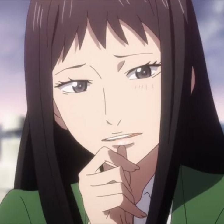 a young anime girl with black hair, wearing a green jacket and white shirt, is seen thinking with her hand on her chin. she has a serious and focused expression on her face.