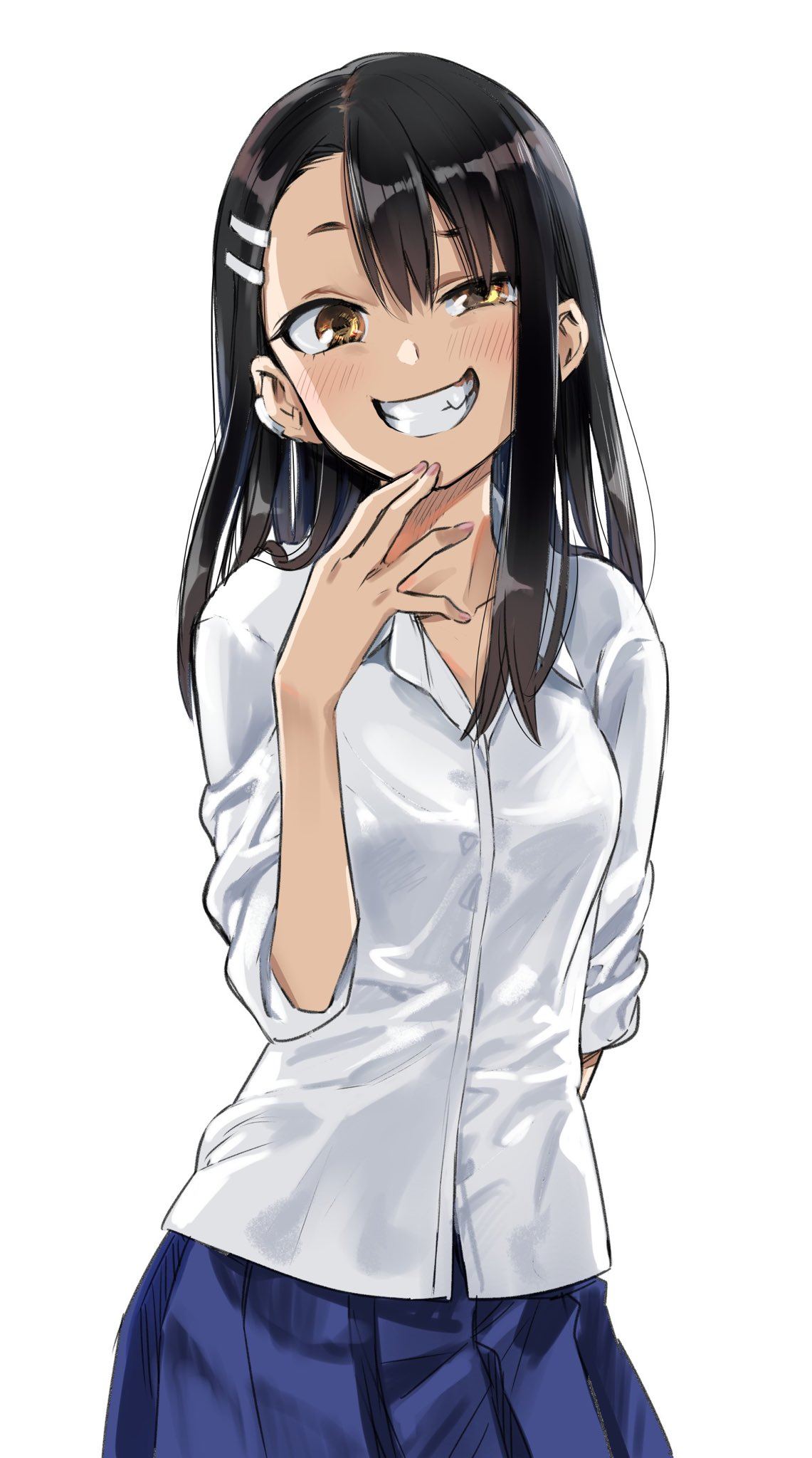 an animestyle illustration of a young girl with a mischievous grin. she has long black hair, brown eyes, and is wearing a white buttondown shirt and a blue skirt, suggesting a school uniform. the girl is posed with her hand on her chin, and her expression conveys a sense of playful smugness. the background is plain white, focusing attention on the character.