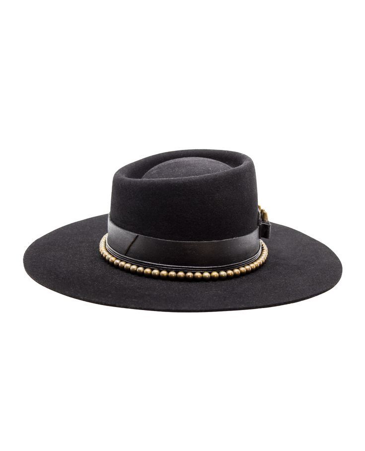 a black felt fedora with a wide brim and a gold beaded band. the hat is sitting on a white background.
