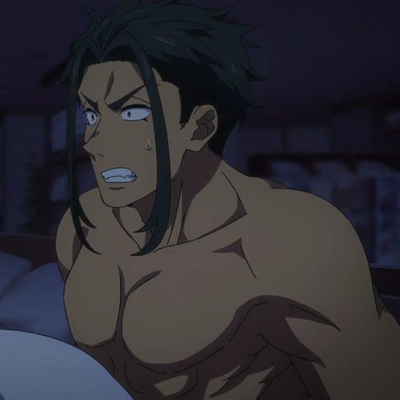 this is an anime image of a shirtless man in a dark room. he has dark green hair and is muscular. his expression is angry and frustrated. he is looking away and down, possibly sweating. he is lying on a bed with a pillow next to him. the overall scene is dark and moody.