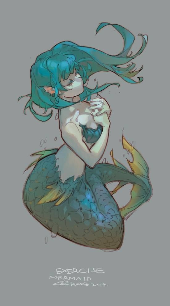 an illustration of a mermaid with teal hair and a scaly tail. she is drawn in an anime style with visible sketch lines and shading. she is holding her hands together near her chest.
