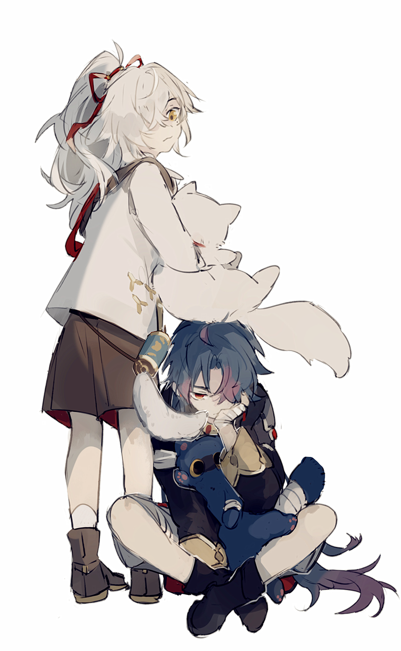 the image features two anime characters. the character on the left is a girl with white hair, a red ribbon in her hair, and white clothing. she is holding a white cat plush toy. the character on the right is a boy with blue hair,  a black and brown outfit and is holding a blue teddy bear plush toy.  the boy appears to be crying, and the girl is looking at him with a concerned expression. the scene is set in a white background.  it suggests that the boy is sad and the girl is comforting him.