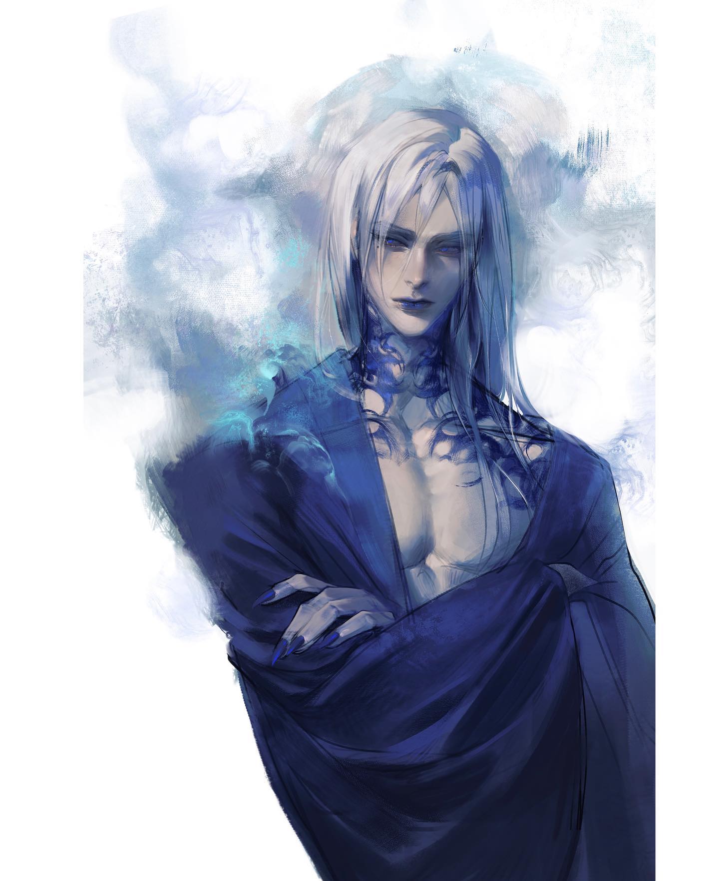 the image showcases a striking male figure with flowing white hair and piercing gaze. he is partially clad in flowing blue robes, leaving his chest, adorned with intricate blue tattoos, exposed.  a soft, diffused light enhances the ethereal atmosphere, casting subtle shadows and highlights. the background features swirling, smoky textures in shades of blue and gray, further emphasizing the character's otherworldly aura.
