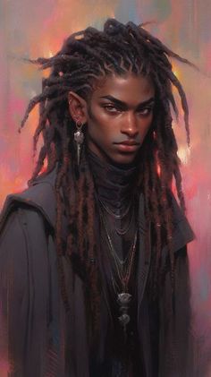 the image showcases a portrait of a young, darkskinned elf male. his long, thick dreadlocks cascade over his shoulders, framing a face with sharp, defined features and piercing brown eyes. he's adorned with a dark turtleneck, a subtle hint of jewelry peeking out from beneath. the background is a blur of warm, earthy tones, drawing focus to the subject's intense gaze.