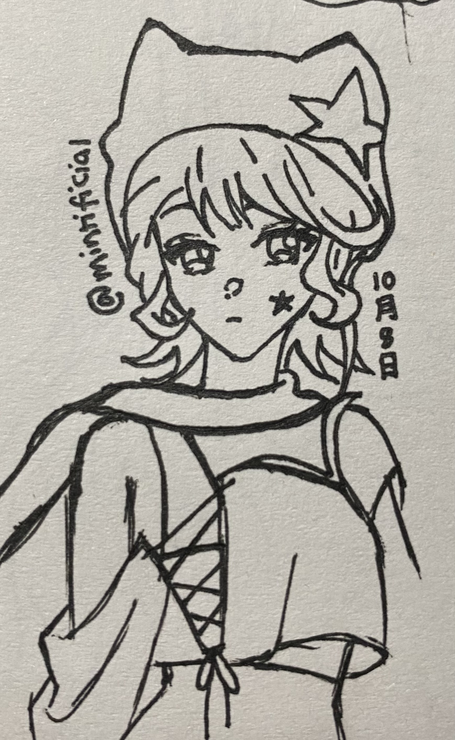 the image shows a handdrawn sketch of an animestyle girl. she is wearing a hooded garment with cat ears and a star on her hat. she has large expressive eyes and her hair is styled in a way that frames her face. the drawing style is reminiscent of manga or anime. the girl is wearing a loosefitting top tied with laces at the front.  the overall style is cute and slightly whimsical.  a username and date are visible in the background.