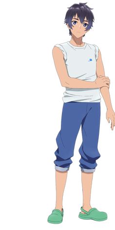 a young man with short, blue hair and blue eyes is standing with one hand on his arm. he is wearing a white tank top with a blue design, blue pants, and green sandals. he is smiling slightly.