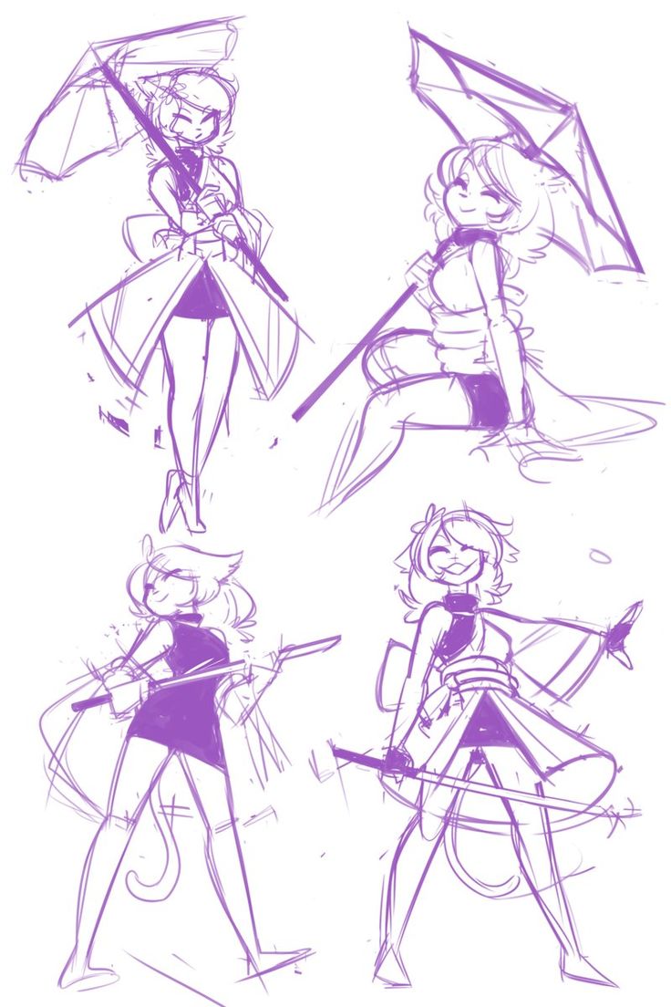 the image shows sketches of four anime girl characters in different poses. the characters are all drawn in a stylized anime style and are wearing various outfits. each character has a different pose and expression, suggesting different personalities and stories. one of the characters is holding a katana, while another is holding an umbrella.