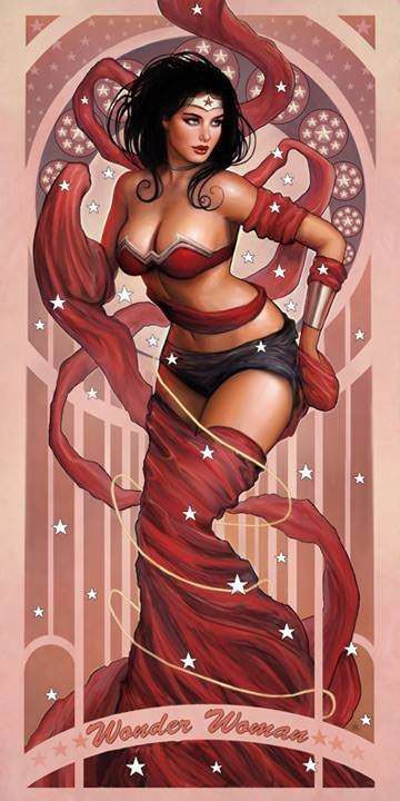 this is a stylized illustration of wonder woman, a female superhero. she is dressed in a red and black costume and is adorned with a tiara on her head. flowing red fabric with stars surrounds her, creating a dynamic composition. the artwork is in a pinup style and evokes the art nouveau aesthetic, with a background pattern of circles and vertical lines. the words "wonder woman" are written at the bottom of the image.