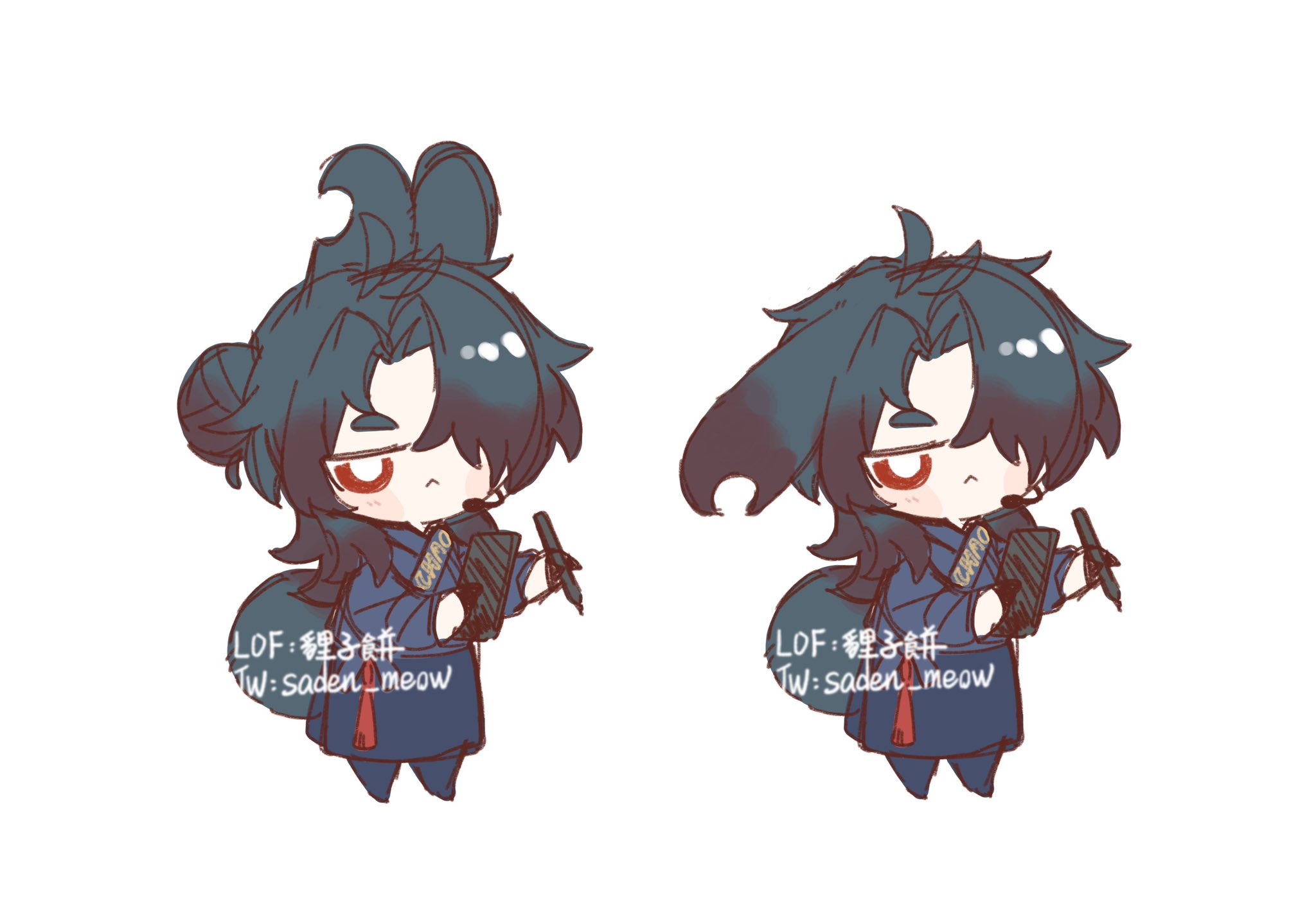 he image contains two variations of a chibistyle illustration of a character, possibly fanart of xiao from genshin impact.  both versions depict a young man with dark blue hair styled in buns, wearing a blue outfit. he holds a sketchbook and pen, appearing slightly annoyed or angry in his expression. the artist's lof and twitter handles are included in the image.  the two versions show slight differences in the hair and overall style, suggesting potential design iterations.