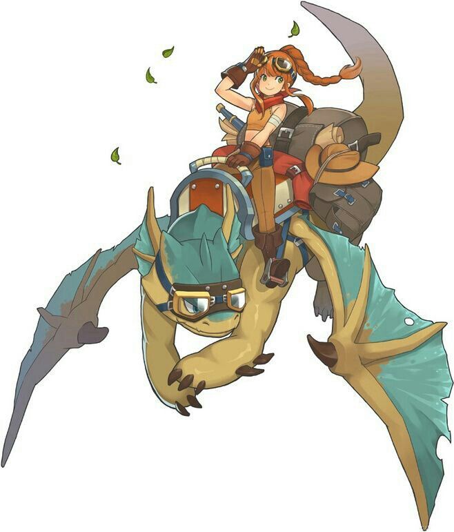 an anime drawing depicts a young woman riding a dragon against a white background. the woman has red hair styled in pigtails, light skin, and wears goggles, a yellow top, a red scarf, and brown gloves and boots. she is sitting on a large gray backpack on the back of a dragon that appears to be light yellow and green with goggles of its own. the dragon also has teal wings. the drawing is in a cartoon style and appears to be fantasyrelated, as the woman is riding a dragon.