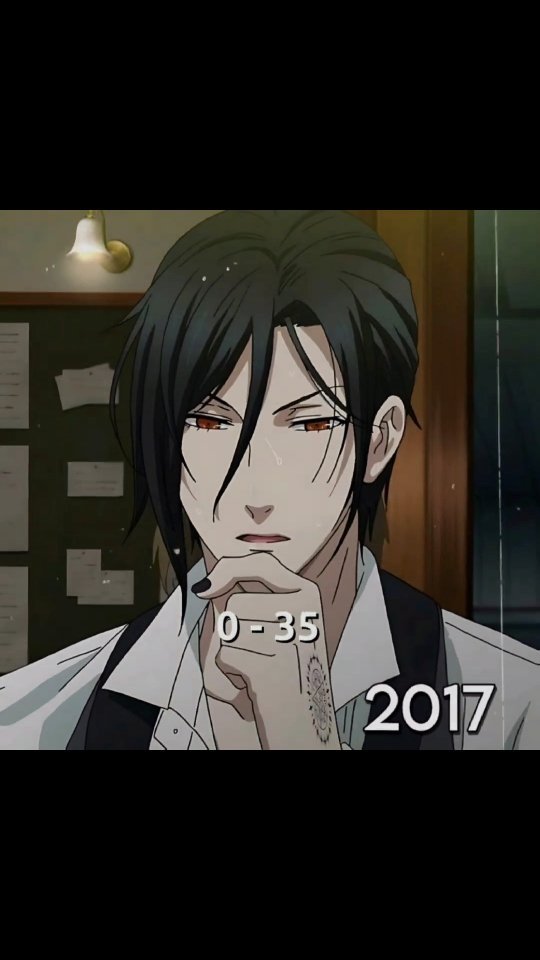 the image is a closeup stylized still from the anime black butler, featuring sebastian michaelis. he's depicted with his signature dark hair, red eyes, and a thoughtful expression.  he's dressed in a formal, butlerlike outfit, and a small tattoo is partially visible on his hand. the image includes text overlays of "035" and "2017," possibly indicating an age range or release date. the overall aesthetic is dark and sophisticated, reflecting the anime's style.