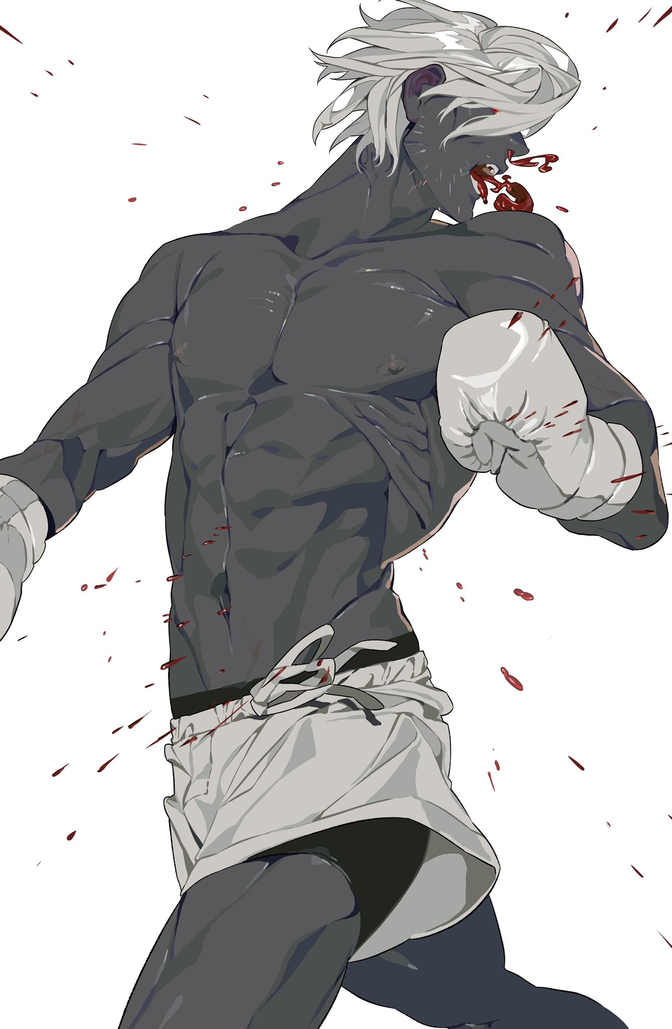 an animestyle image depicts a muscular, greyskinned male boxer with white hair. he is wearing white boxing gloves and shorts and has blood around his mouth and on his body.