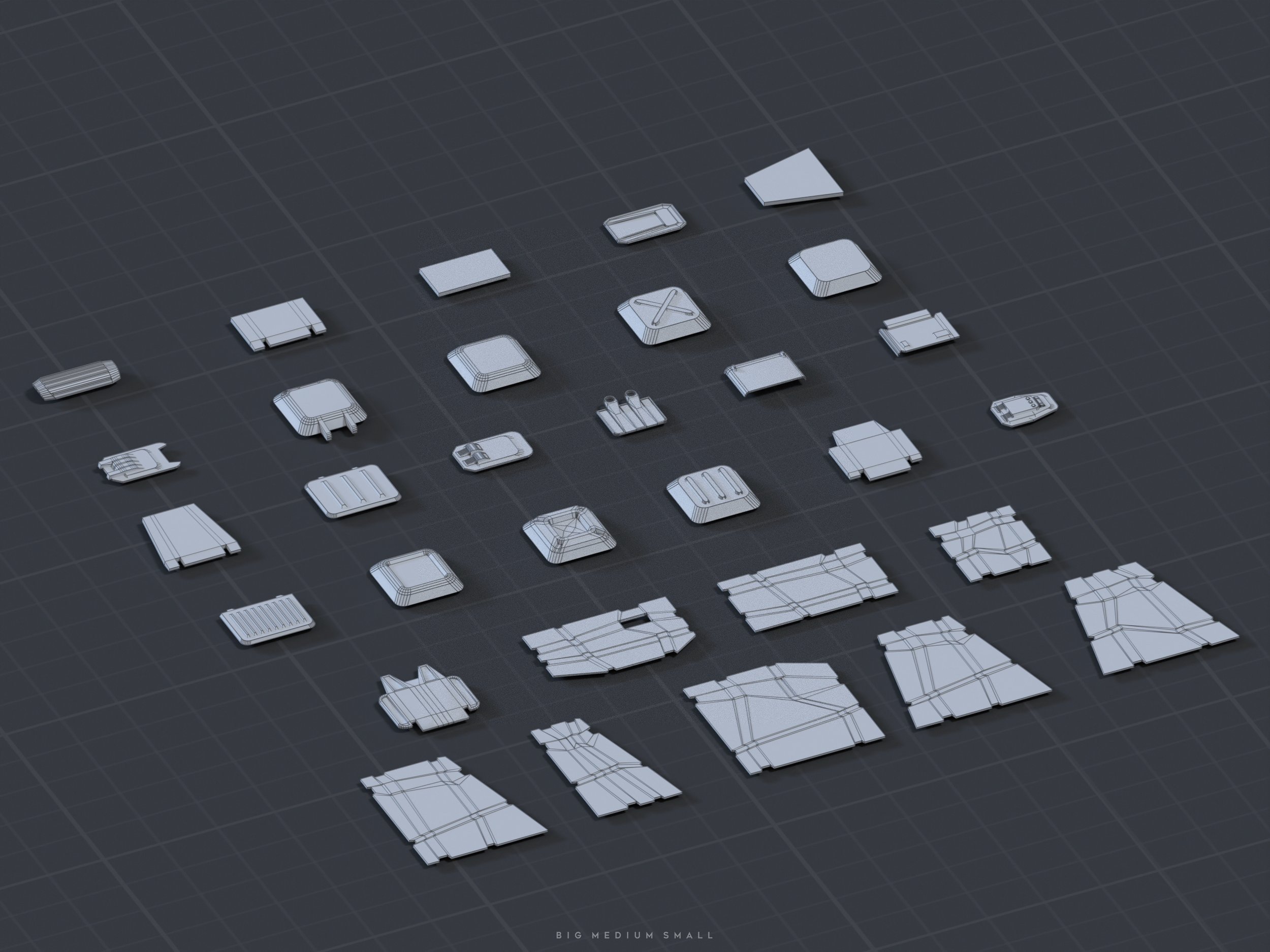 the image shows a collection of 3d models rendered as wireframes in an isometric perspective. these models appear to be various types of panels or components, possibly intended as building blocks for a spaceship or similar scifi structure. they are uniformly gray, set against a dark gray gridded background. the pieces vary in size and shape, suggesting modularity, and the overall style is clean and geometric with a lowpolygon count. the bottom of the image includes the text "big medium small", possibly indicating size variations of the parts. the image could be a preview or render from a 3d modeling or game development program.