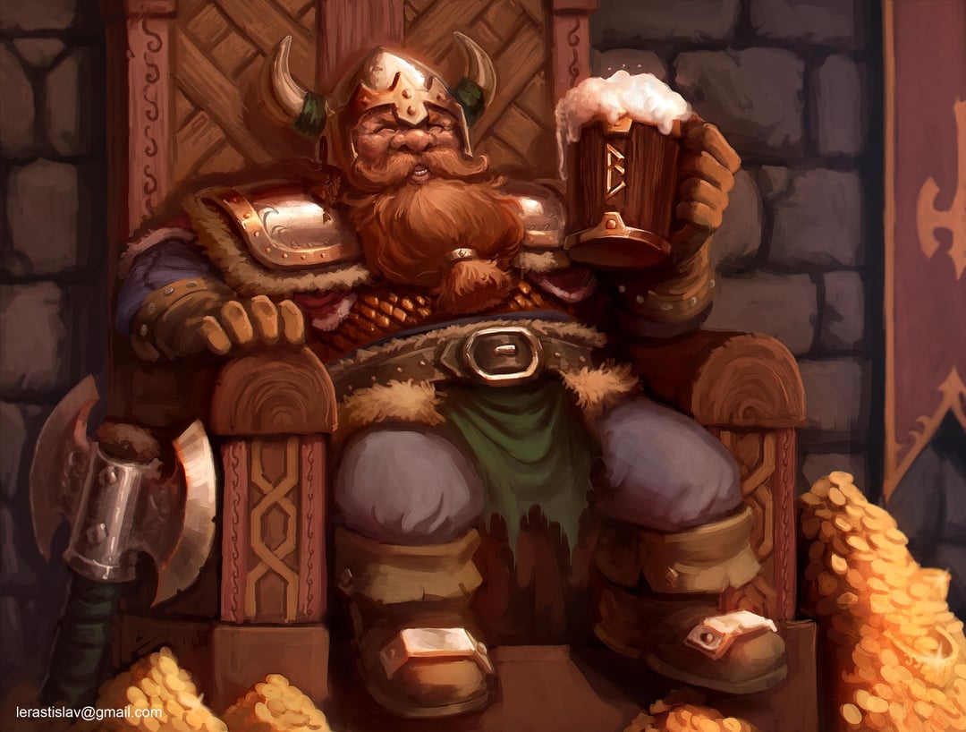 the image depicts a contented dwarf king sitting upon his throne. he is stout, with a long, braided red beard and a jovial expression. he wears a horned helmet, chainmail armor, and sturdy boots. in one hand, he holds a large mug overflowing with ale, while the other rests upon the arm of the throne. an axe leans against the throne beside him, and a mountain of gold coins spills out from behind the throne, indicating his wealth and power. the warm lighting and low angle perspective contribute to the overall impression of affluence and contentment.