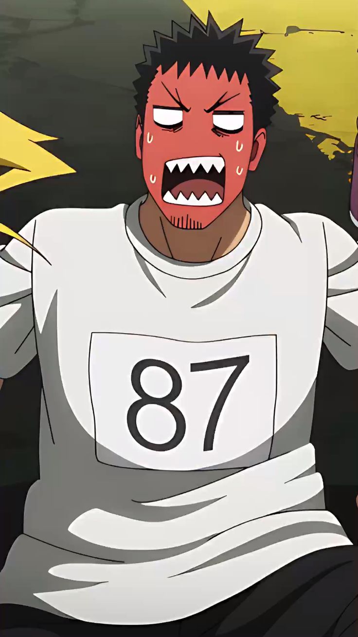 a close up of a very angry man with a red face and bared teeth in what appears to be a race. the man is wearing a white tshirt with the number 87 printed on it.  the man appears to be sweating from anger or exertion.