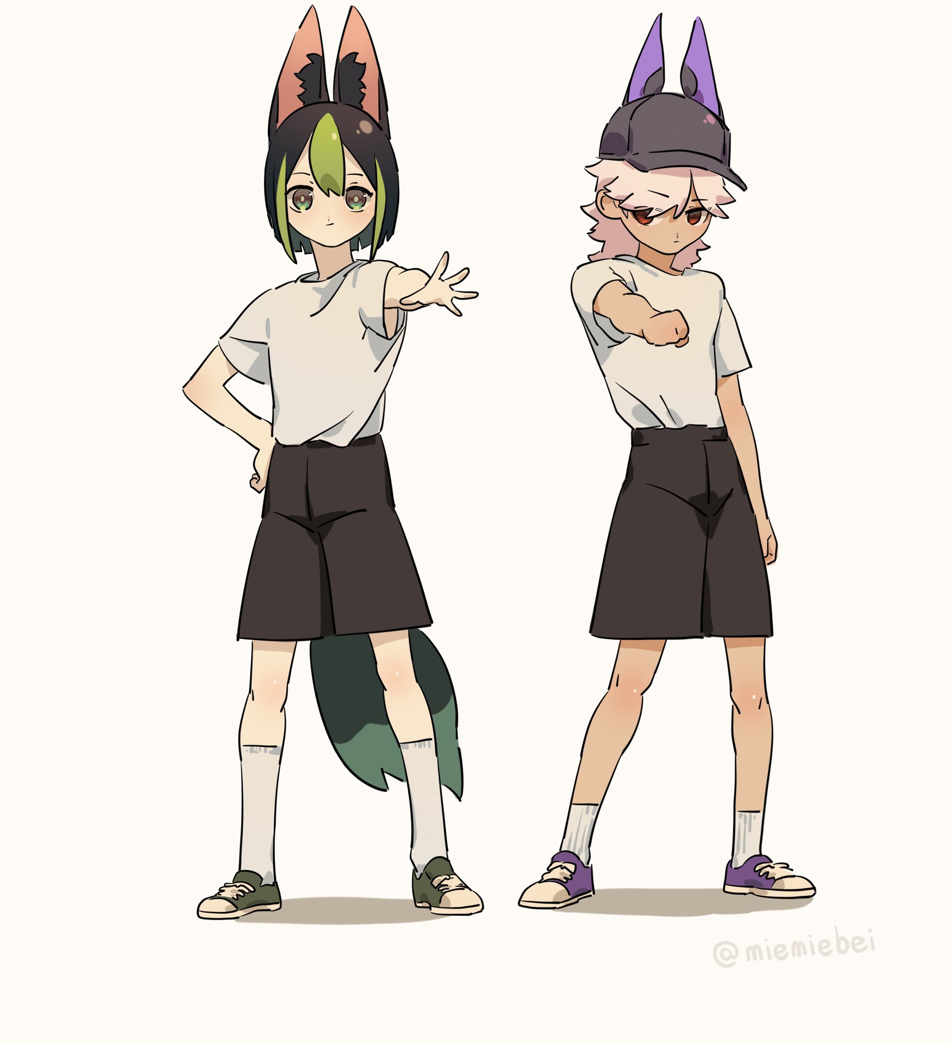 two anime girl characters, one with green hair and a green tailfin, the other with pink hair, are drawn standing and facing the viewer. the girl with green hair has her hand out as if she is stopping the other girl. the other girl has her fist clenched. both girls are dressed in a black shorts and white shirt uniform, with socks and sneakers.  the green haired girl's ears and tail are catlike. the other girl's ears are similar but are blue and purple. she is wearing a baseball cap with a blue brim and purple top.  the girls are set against a white background.
