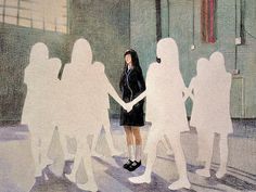 a softly lit indoor scene depicting a lone girl in a black dress and white socks standing in the middle of a circle formed by seven other figures. the figures forming the circle are all white silhouettes, faceless and indistinguishable. they all hold hands, seeming to close in on the lone girl who stands looking at the viewer, her expression unreadable. the scene is painted with muted, almost melancholic tones, further emphasizing the sense of isolation and potential bullying.