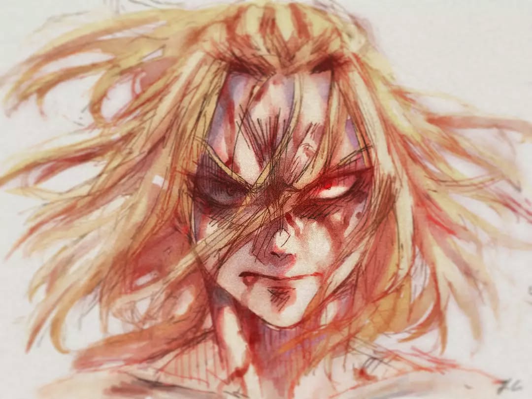a closeup watercolor painting of an anime or manga character's face. the character has long, blonde hair that is messy and windblown.  their expression is angry and fierce, with narrowed eyes and a tightlipped frown.  there are streaks of red, possibly blood, across their face and hair, adding to the intense and dynamic feel of the piece. the style is loose and expressive, focusing on capturing emotion and movement.