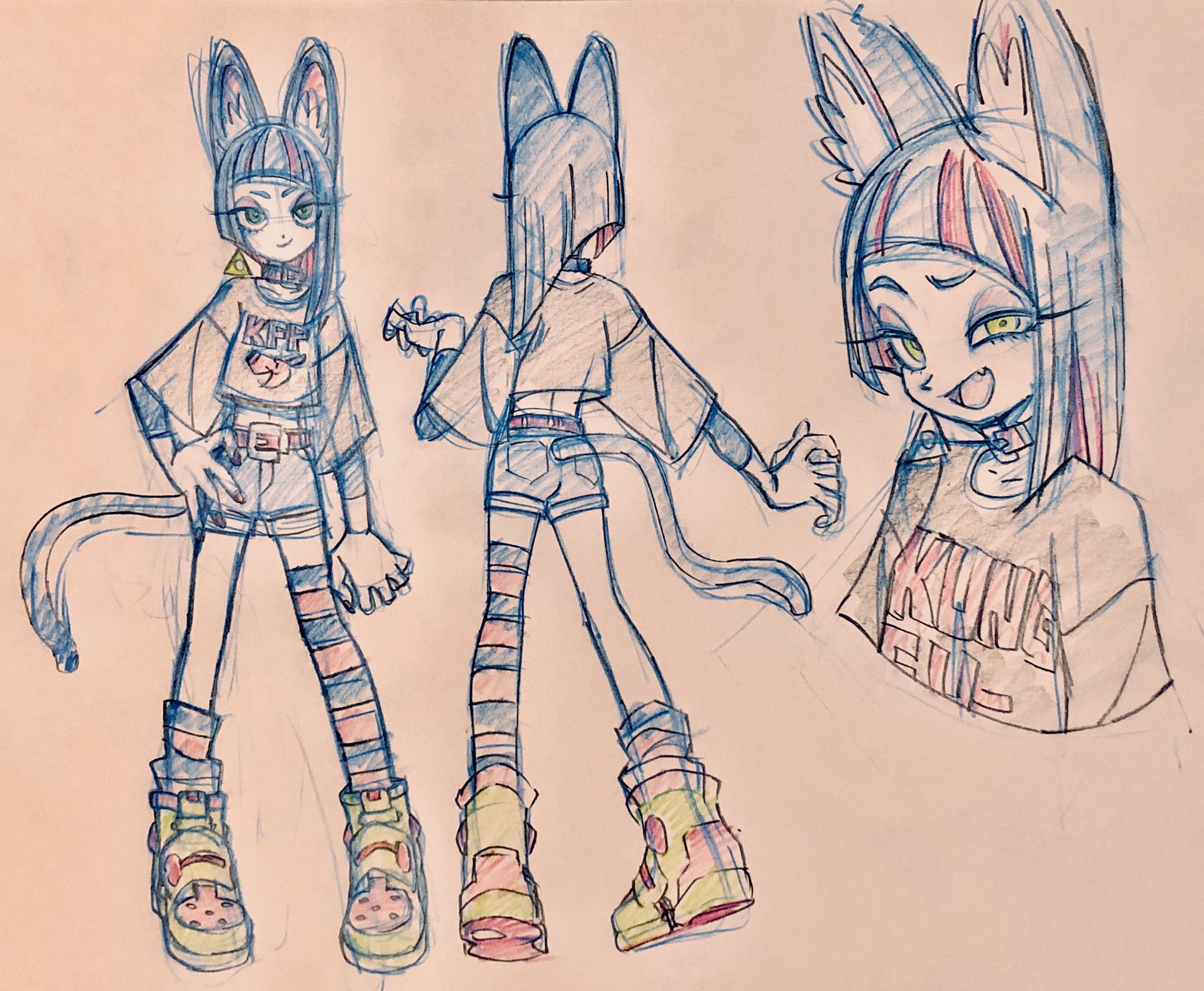 this is a character design concept sketch featuring a cat girl wearing a stylish streetwear outfit. she has cat ears, a tail, and is sporting a cropped "king" graphic tee, denim shorts, striped thighhigh socks, and chunky sneakers. the drawing showcases front, back, and closeup views, highlighting her playful and energetic personality.