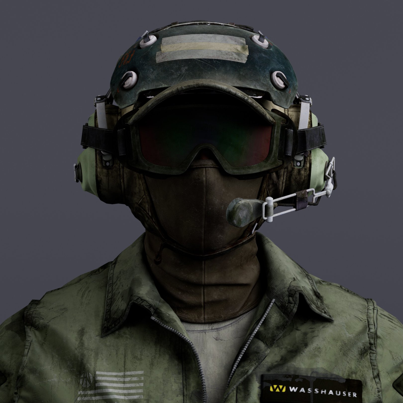 a closeup 3d render of a soldier's head and shoulders. the soldier is wearing a worn, green flight suit with an american flag patch and a name tag reading "wasshauser".  the soldier's face is obscured by a balaclava and goggles, and they are wearing a tactical helmet with communications gear. the overall aesthetic is gritty and realistic, suggesting a veteran combatant. the background is a plain grey.