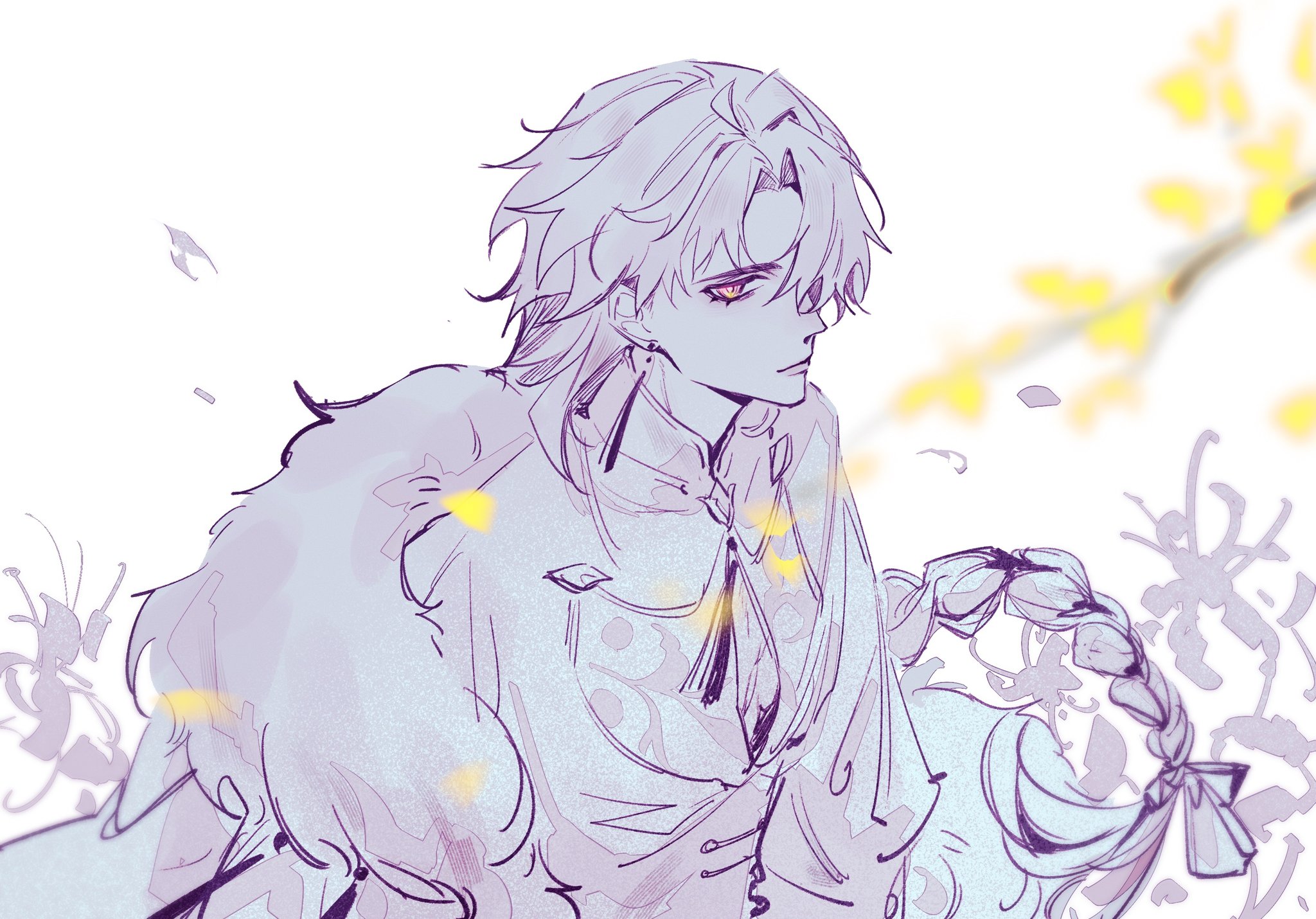 a line art illustration of an animestyled man. he has long white hair, and is wearing a kimono with a long blue sleeve. the background is filled with light blue and purple flowers. the man has a soft, kind look on his face and is looking to the right of the frame.  the image is drawn with thin, delicate lines and has a soft, ethereal feel.
