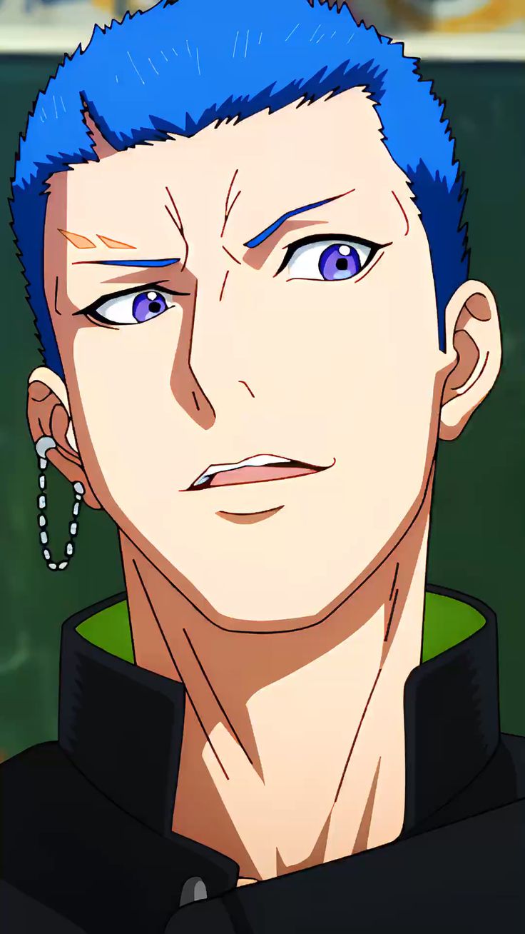 a closeup portrait of an anime character with blue hair and blue eyes. he is wearing a black jacket with a green trim and an earring. he has a serious expression on his face.