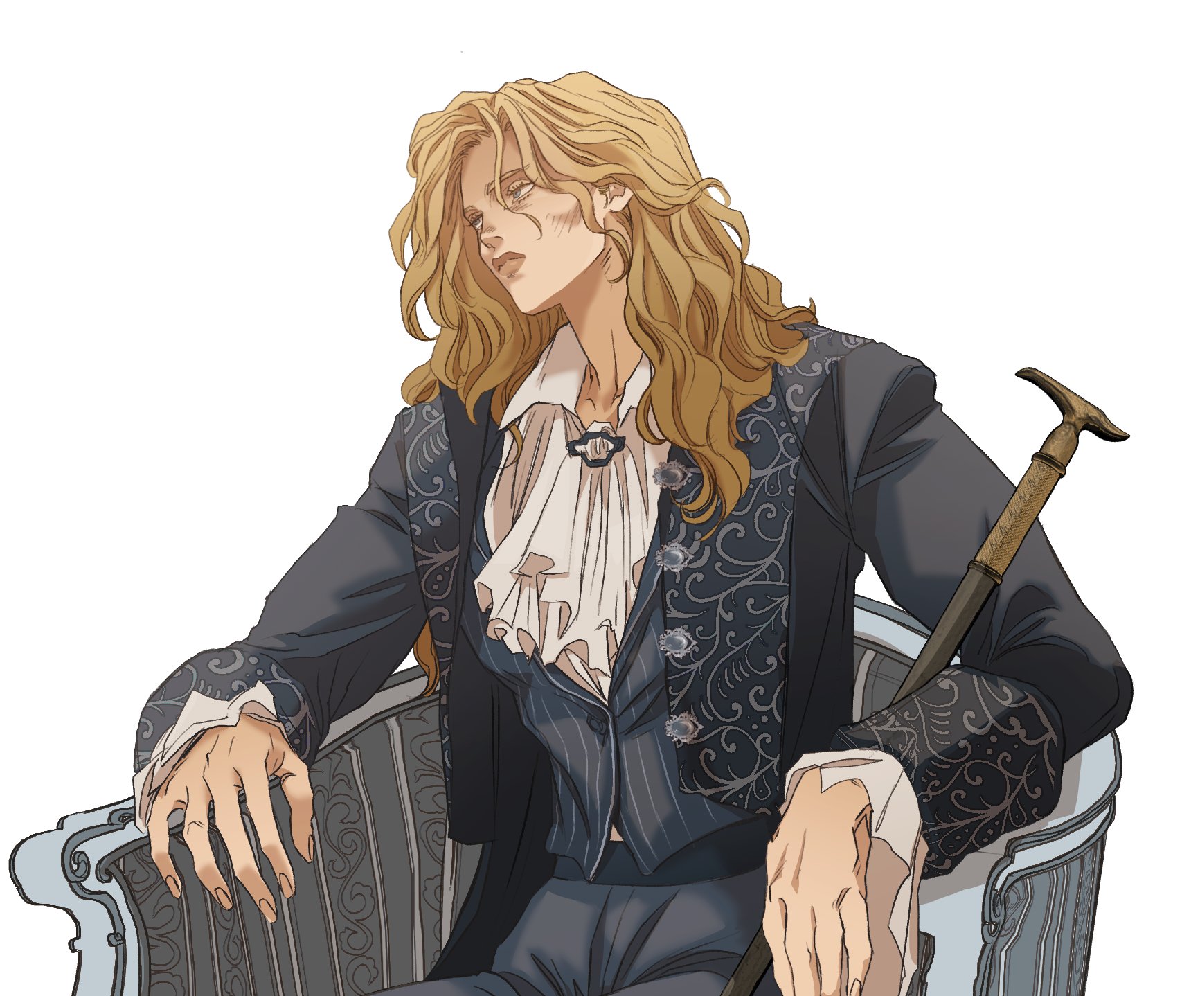 the image depicts a seated male character with blonde, shoulderlength wavy hair, dressed in an ornate dark suit with a ruffled white shirt. he is leaning on a cane and resting in a light blue chair with swirling patterned design.