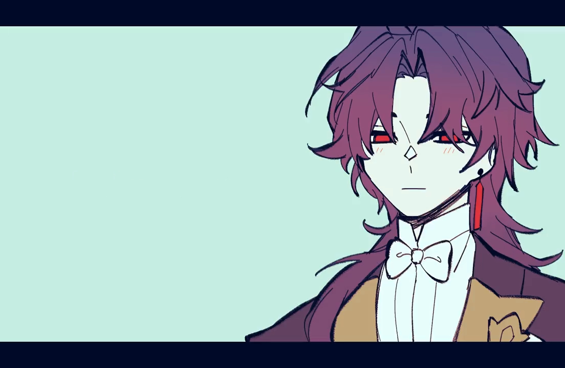 this is an animestyle illustration of a character with purple hair, red eyes, a white shirt, a bow tie, and an earring. the character is blushing and looking slightly to the side. they have a serious expression on their face. the background is a soft bluegreen color.