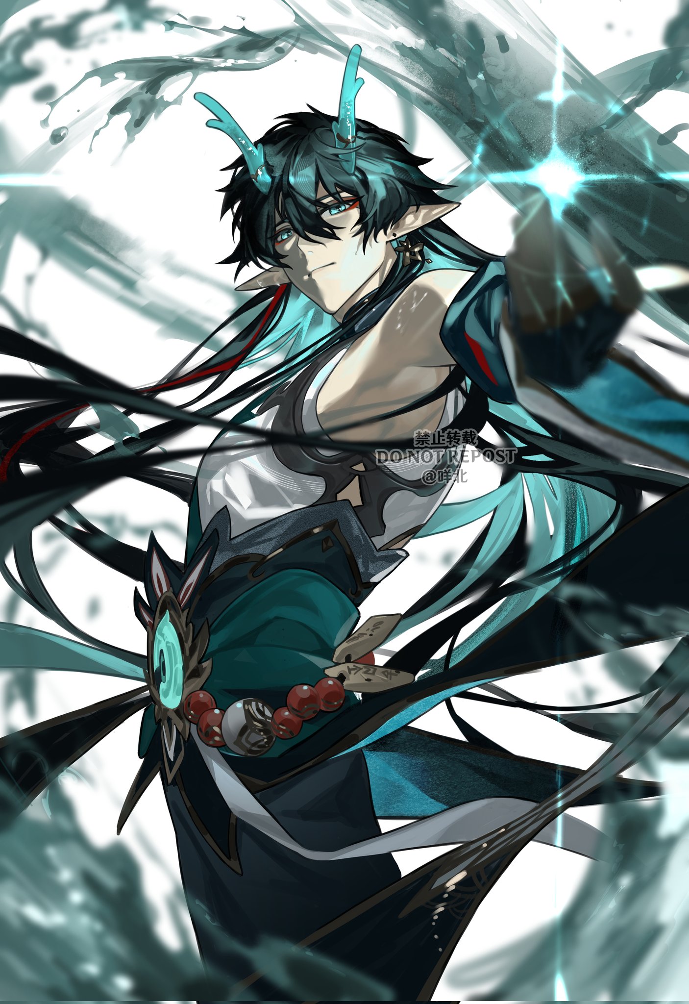 this is a digital art illustration of an anime character with blue hair and horns. he has green eyes and is wearing black clothing. he is surrounded by a swirling blue mist and has a powerful and dynamic pose. the character is likely an antagonist or a strong fighter. the art style is similar to manga and anime. the image is set against a white background.