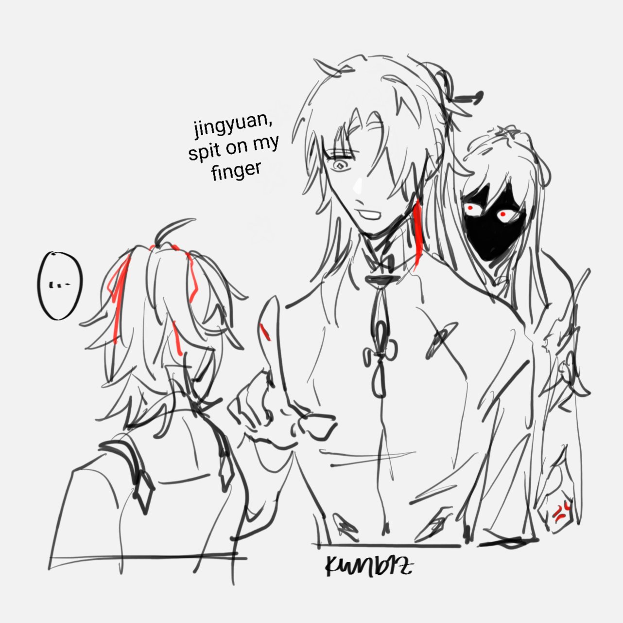 this is a black and white sketch of two male characters drawn in an anime style. the character on the right