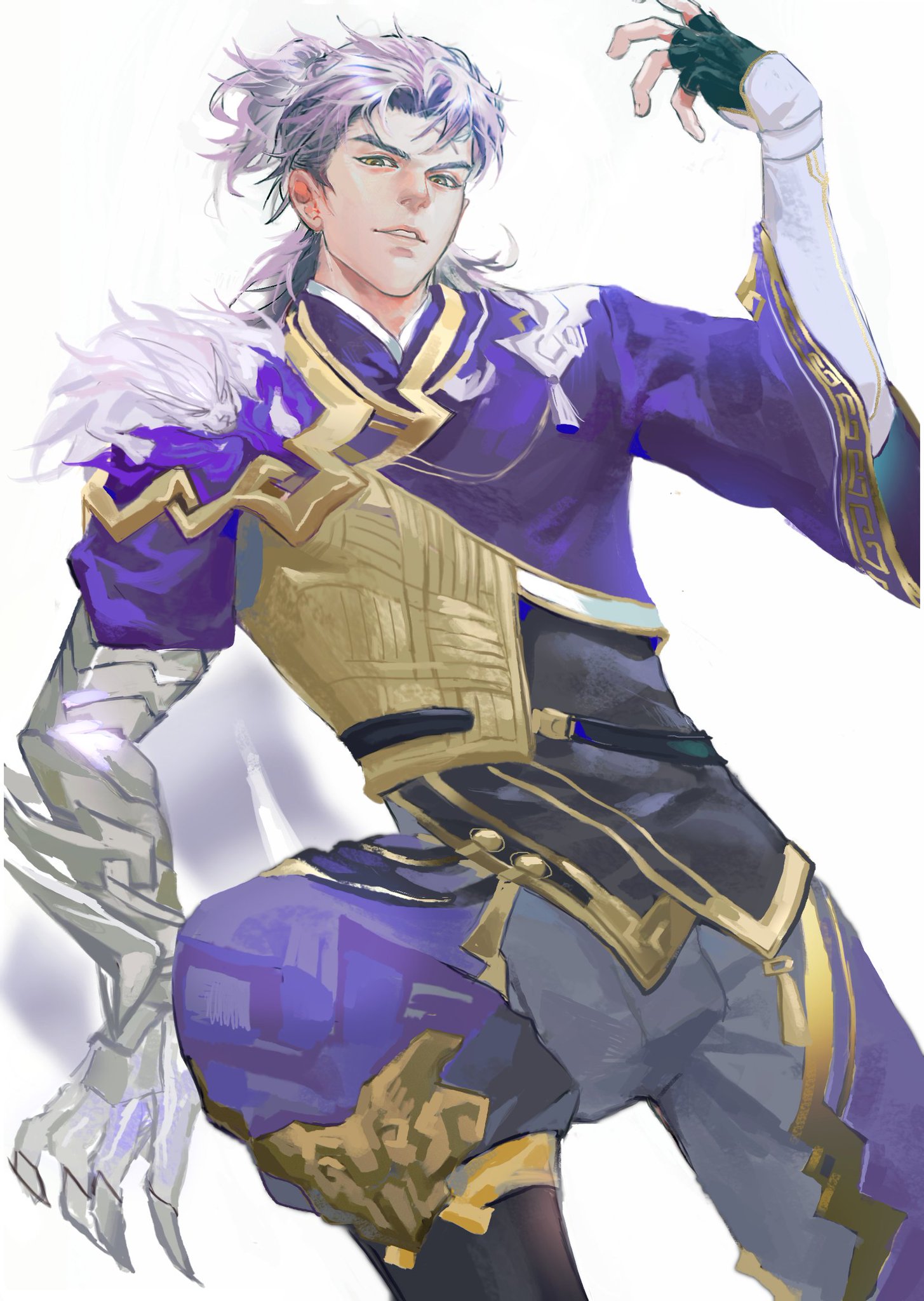 this digital illustration showcases a young, confident anime warrior. his long, white hair is styled in a top knot. he's wearing a vibrant purple and gold armor with a long sword on his hip. the character has a determined expression as he stands proudly. his left arm is futuristic and mechanical, hinting at a cybernetic enhancement. the warrior's pose and attire convey strength and power.