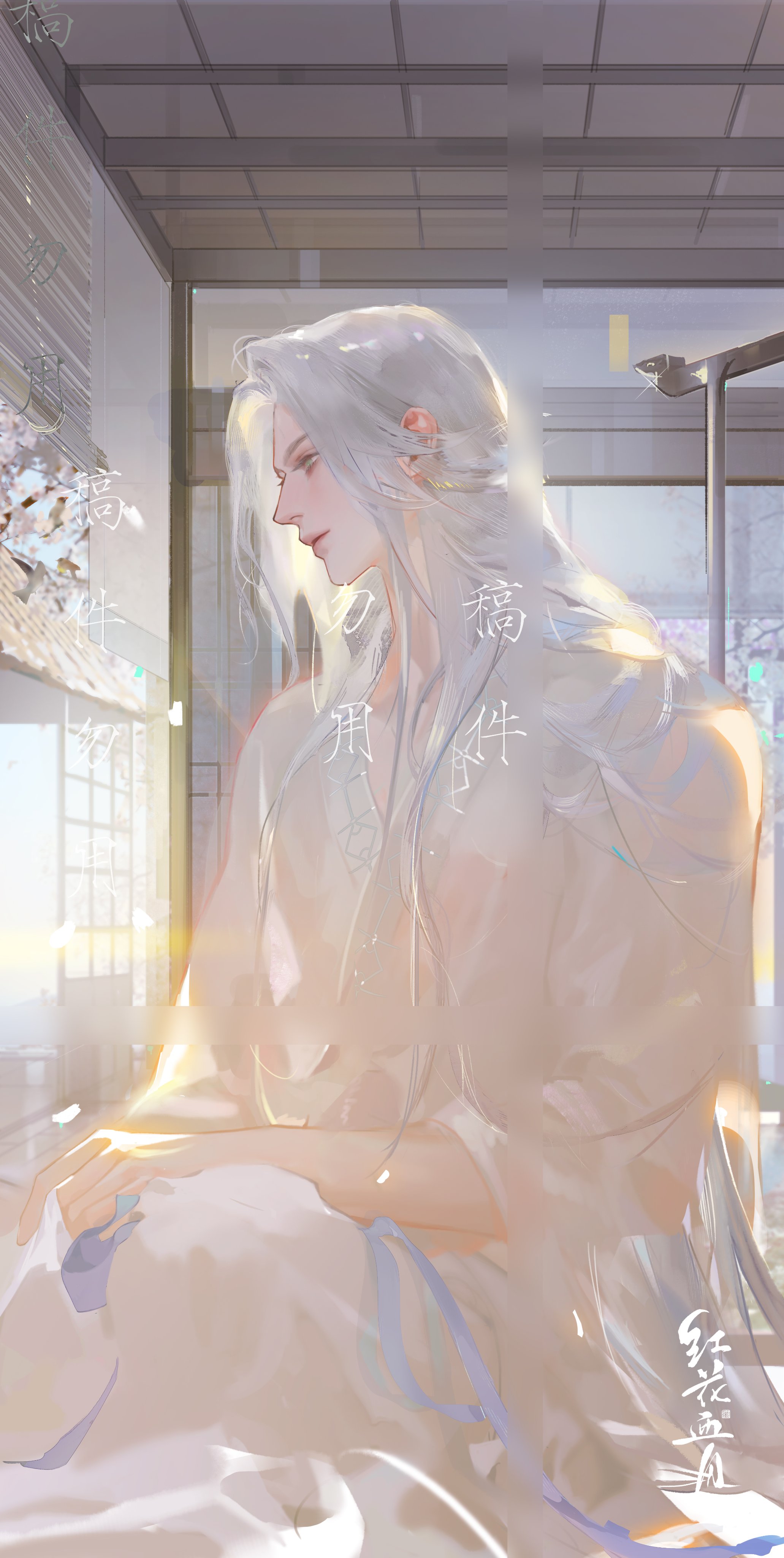 a digital drawing of a young man with long, flowing white hair. he's depicted in profile, facing left, with his head slightly bowed. he's wearing a loose white hanfu with light blue accents. the art style is ethereal and delicate, with soft lighting that creates a dreamy atmosphere. the background suggests a traditional chinese interior, with a shoji screen and hints of sunlight streaming through a window.