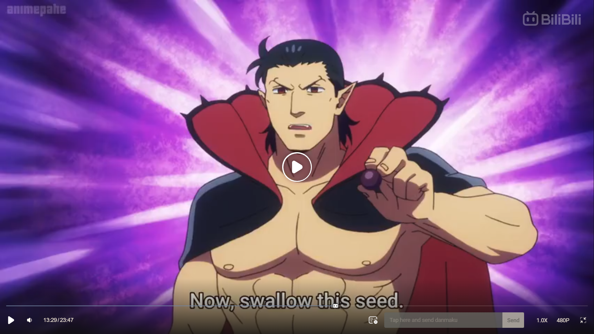 a screenshot of what appears to be an anime. a muscular, shirtless man with dark hair and a red cape is holding up a small, dark object. the man has fangs and his eyes are obscured, giving him a vampirelike appearance. behind him is a radiating purple background, implying a powerful moment.  the caption reads: "now, swallow this seed."