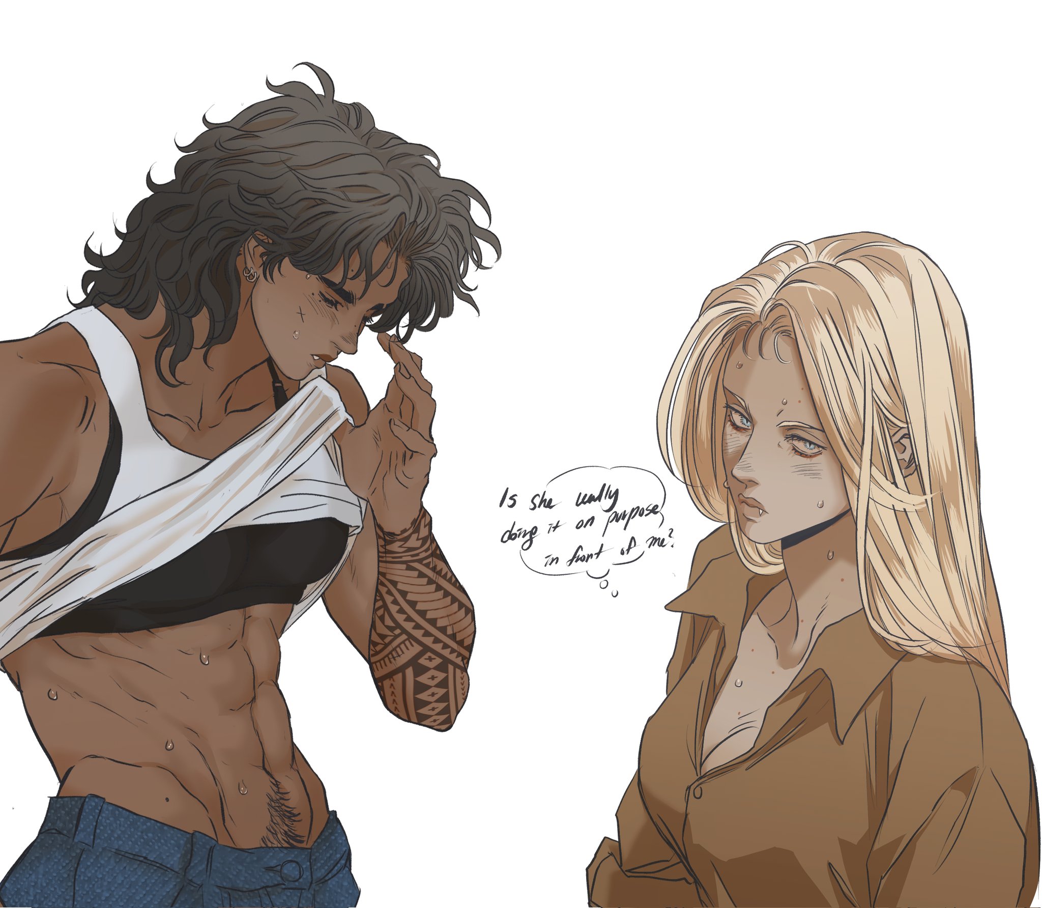 an illustration shows two women. the woman on the left has dark skin, muscular abs, a tattoo on her arm, and curly dark hair. she's wearing a black sports bra, blue jeans, and a white tank top that she is pulling up. the woman on the right has light skin and long blonde hair. she is wearing a brown blouse. a thought bubble near the woman on the right says, "is she really doing it on purpose in front of me?"