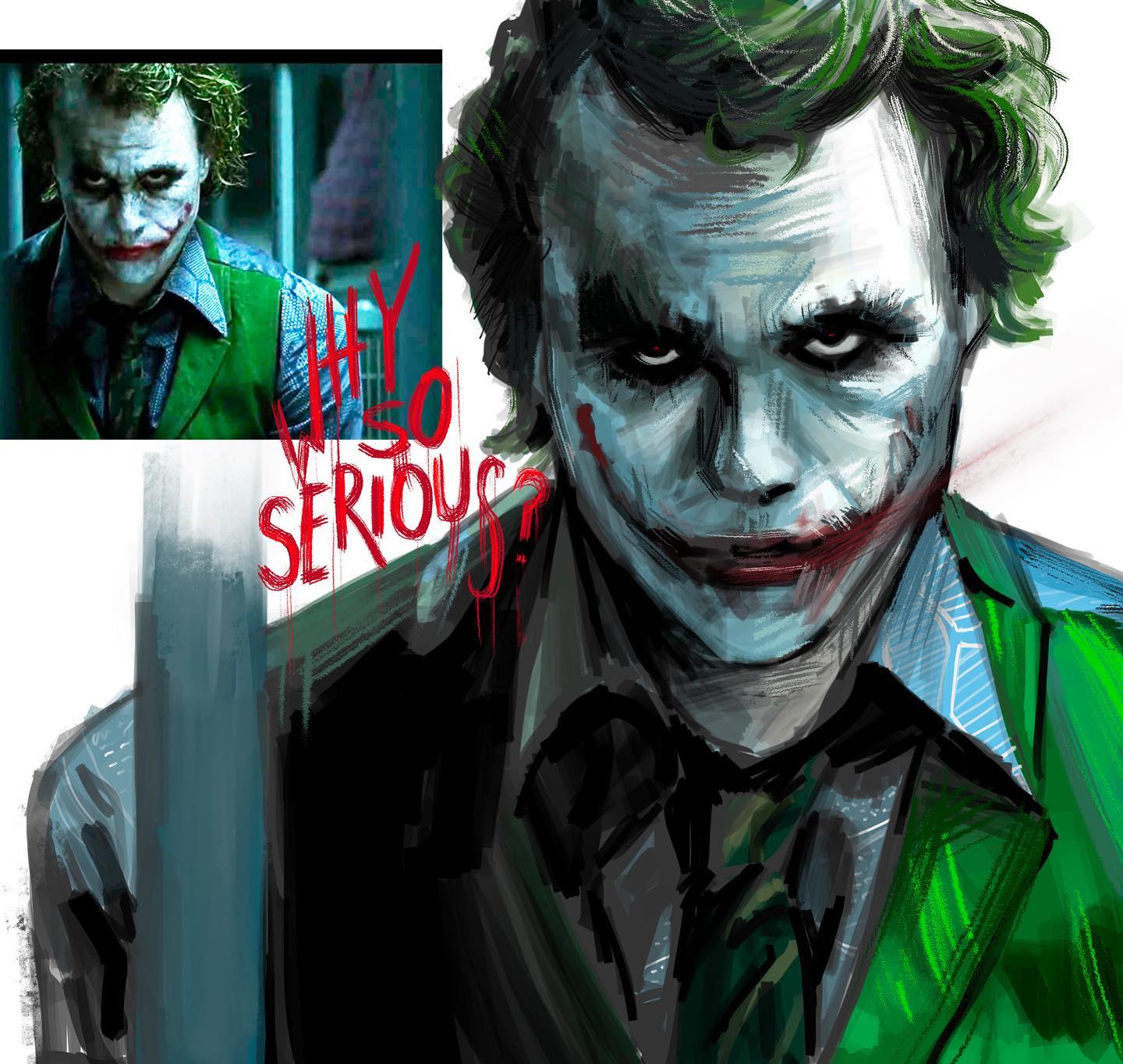 this is a stylized portrait of heath ledger as the joker from the movie the dark knight. it is based on a still from the film and captures his menacing grin and intense stare.  the artist uses a painterly style with visible brushstrokes and a limited color palette dominated by greens, blacks, and grays.  the phrase "why so serious?" is scrawled in red, referencing the iconic line from the film.