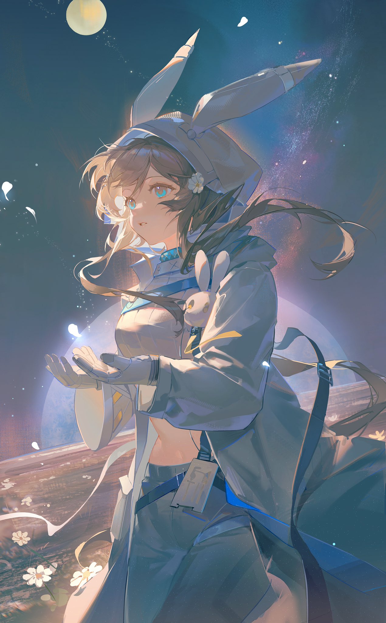the image is a digital painting of an animestyle female character. she has long brown hair, blue eyes, and is wearing a light gray/blue hoodie with rabbit ears, a matching jacket, gloves, and dark pants.  she's standing outdoors at night under a full moon and a starry sky, with daisies visible on the ground.  she appears to be holding or emitting a faint, glowing light in her hands. the overall mood is serene, ethereal, and slightly mysterious, with a soft and dreamy color palette.  the art style is detailed yet soft, with a focus on light and atmosphere.