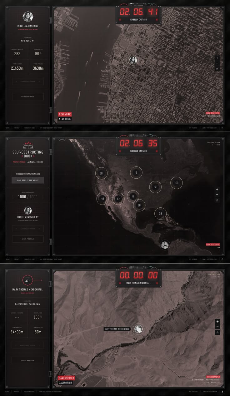 the image shows three different screens, likely from a digital interface or dashboard. the first screen features a profile of "isabella castano" located in new york, displaying data such as distance (282), something labeled as "96" (possibly another distance or metric), and time estimations (21h53m, 3h30m). the right side presents a map zoomed in on new york city, with a marker indicating isabella's location, and a countdown timer displaying "02.06 41." the second screen displays information about a "selfdestructing book" by james patterson, shows a number of codes currently available (1000), and displays locations on a map of the usa. a countdown timer displays "02.06 35". the third screen highlights "mary thomas mendenhall" in bakersfield, california, presenting data (471, 100%), time estimations (24h00m, 30m). the right side features a map zoomed in on bakersfield, california, showing mary's location, and a countdown timer with all zeros "00 00 00."