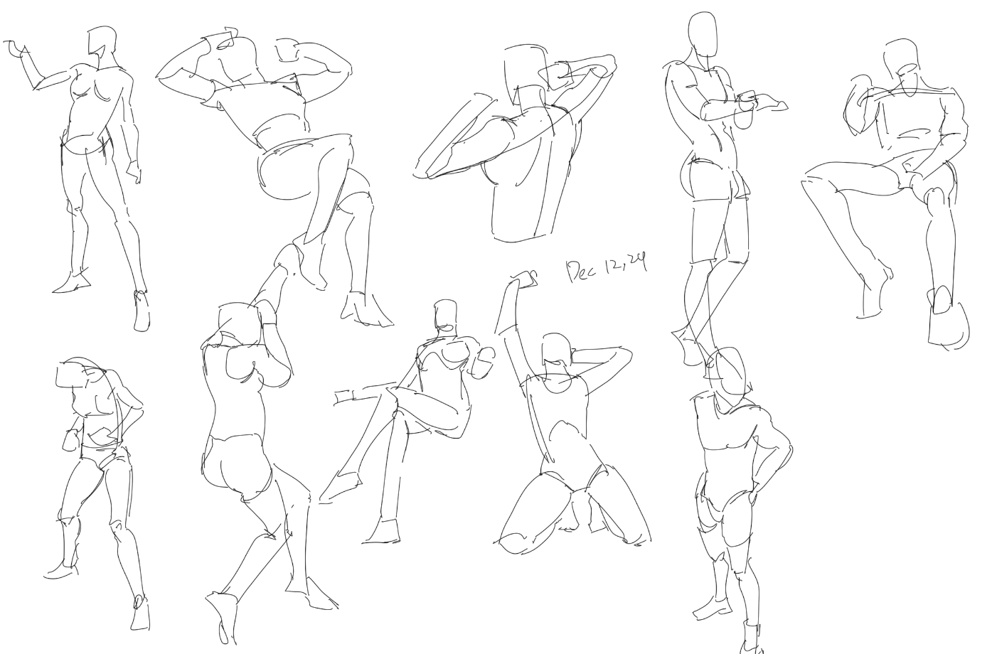 the image contains a collection of quick figure drawings, showcasing various human poses and body positions. the style is loose and expressive, focusing on capturing the essence of movement and form through simple lines. the drawings appear to be gesture sketches, prioritizing dynamic action and flow over precise detail.  several figures are shown standing, sitting, kneeling, or in other active poses, suggesting a range of movement and attitudes. the style is consistent throughout, suggesting they were created in a single session.  the date "dec 1224" is written on the page.  there are both male and female figures depicted.  the figures are mostly nude or in minimal clothing.