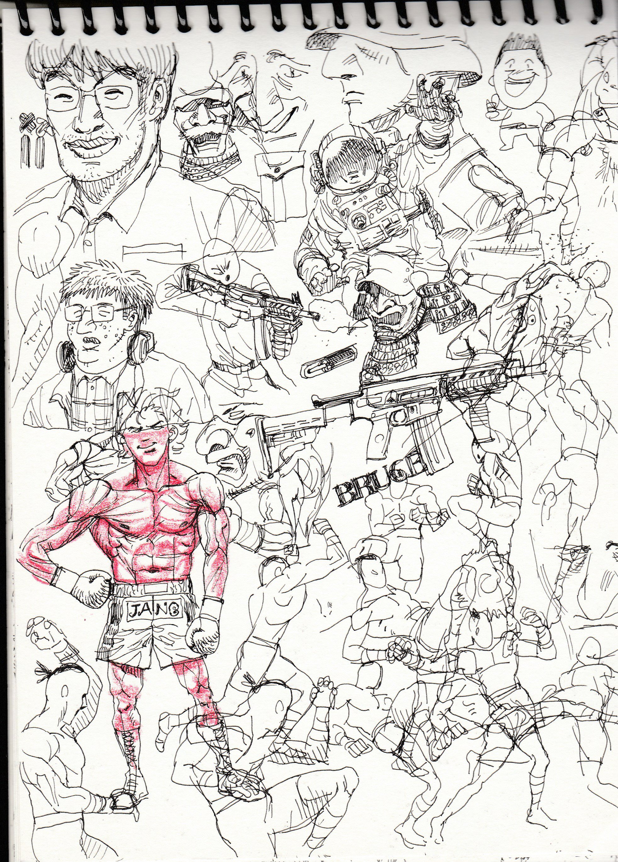 this is a highly energetic and detailed pen and ink drawing of various characters in different action poses. the central figure is a muscular boxer with a bright red skin tone, wearing boxing shorts. surrounding him are numerous other figures, including an astronaut with a helmet, a soldier holding a rifle, a ninja or samurai character with a sword, and several other figures in combat poses. the composition is dynamic and chaotic, with the figures overlapping and interacting with each other in a complex, actionpacked way. the style is loose and expressive, with strong lines and bold shapes. there are also various doodles and symbols throughout the image, adding to its whimsical and surreal atmosphere. the image is full of energy and movement, and it suggests a story of conflict and excitement.