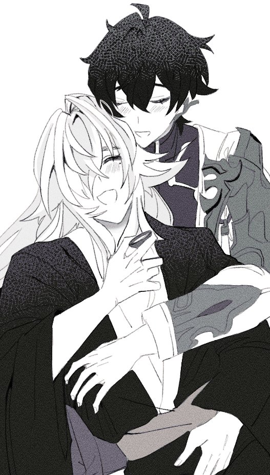 a black and white illustration depicting two anime characters embracing each other. the character on the left has long, flowing white hair and is wearing a black kimono. the character on the right has short, black hair and is wearing a white shirt and a dark jacket. they are both smiling and their arms are wrapped around each other. the illustration suggests a close and affectionate relationship between the two characters.