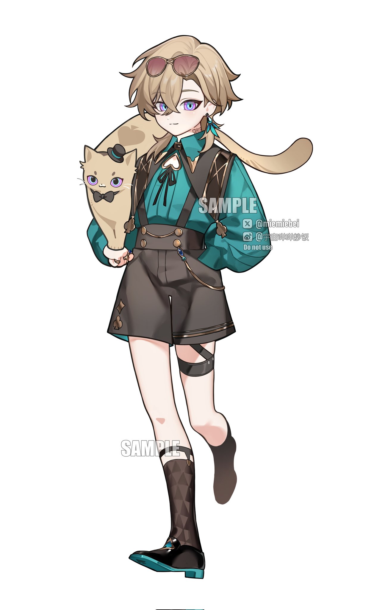 he image is a digital drawing of an animestyle girl. she has blonde hair, teal clothing, brown shorts, and is wearing sunglasses. she's holding a cat wearing a bow tie and hat. the style is cute and stylish, with attention to detail in the clothing and accessories.  the artwork includes a watermark indicating it's a sample image.