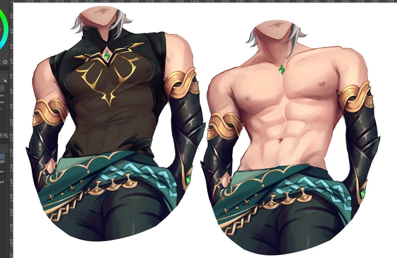 the image shows a comparison of two digital illustrations of the same male animestyle character. on the left, the character is fully clothed, showcasing a detailed darkcolored fantasy outfit with gold accents, teal waist wrap, and black arm sleeves. the right panel shows the same character with his upper body shirtless, highlighting his muscular physique and the same lower garment from the left side.  both versions share the same general pose and design elements including a unique necklace with a green gemstone. the image suggests it might be a work in progress, displaying the artist's process of adding clothing to the character. the style is vibrant and detailed, characteristic of digital fan art.