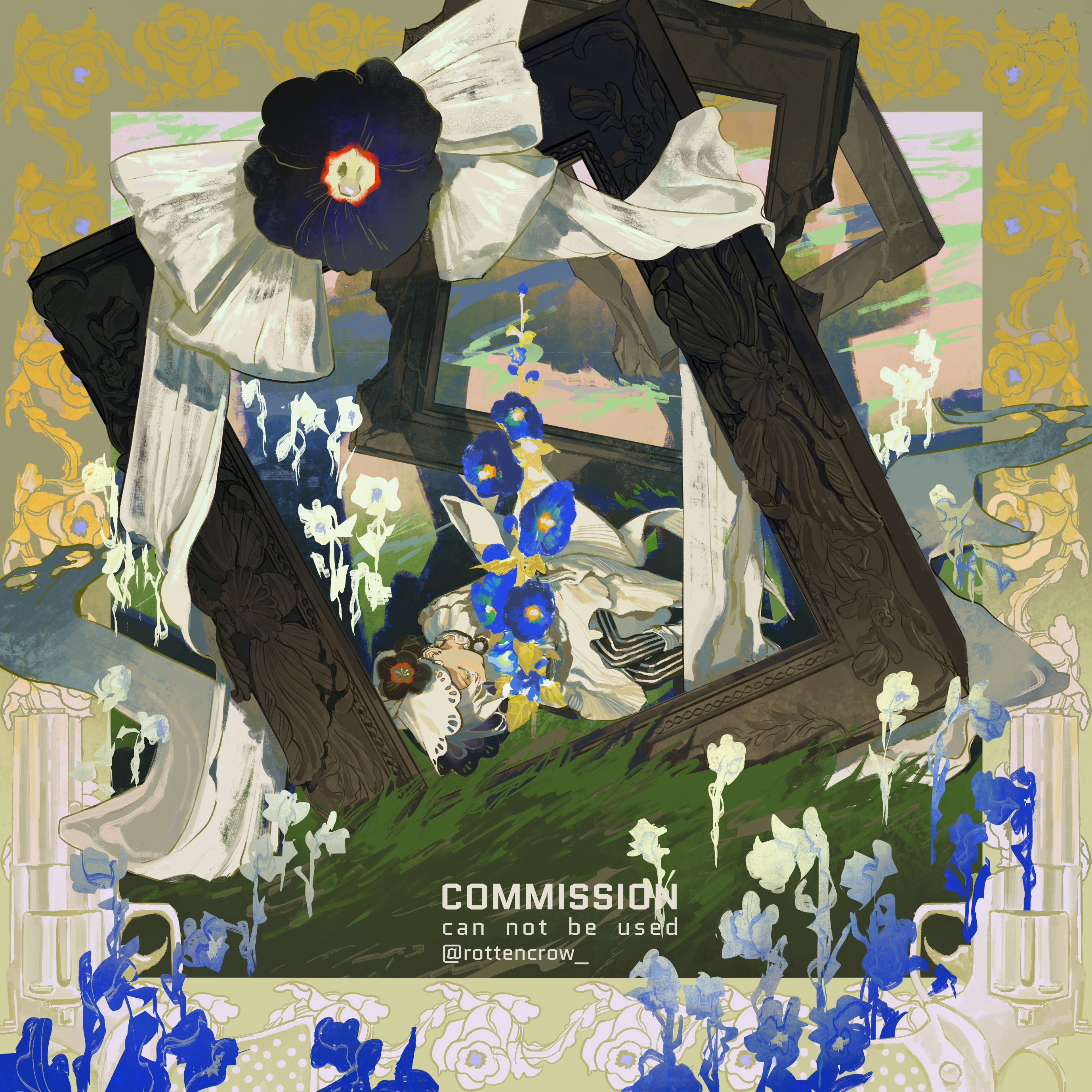 the image is a surreal and dreamlike painting of a woman lying in a field of flowers. she is surrounded by ornate frames and a large bow, creating a sense of both confinement and escape. the colors are soft and delicate, with shades of white, blue, green, and yellow. the flowers are vibrant and full of life, while the woman's expression is serene and peaceful. the painting evokes a sense of mystery and wonder, as if the viewer has stumbled upon a secret world. the overall effect is one of beauty and fragility, with a hint of melancholy.