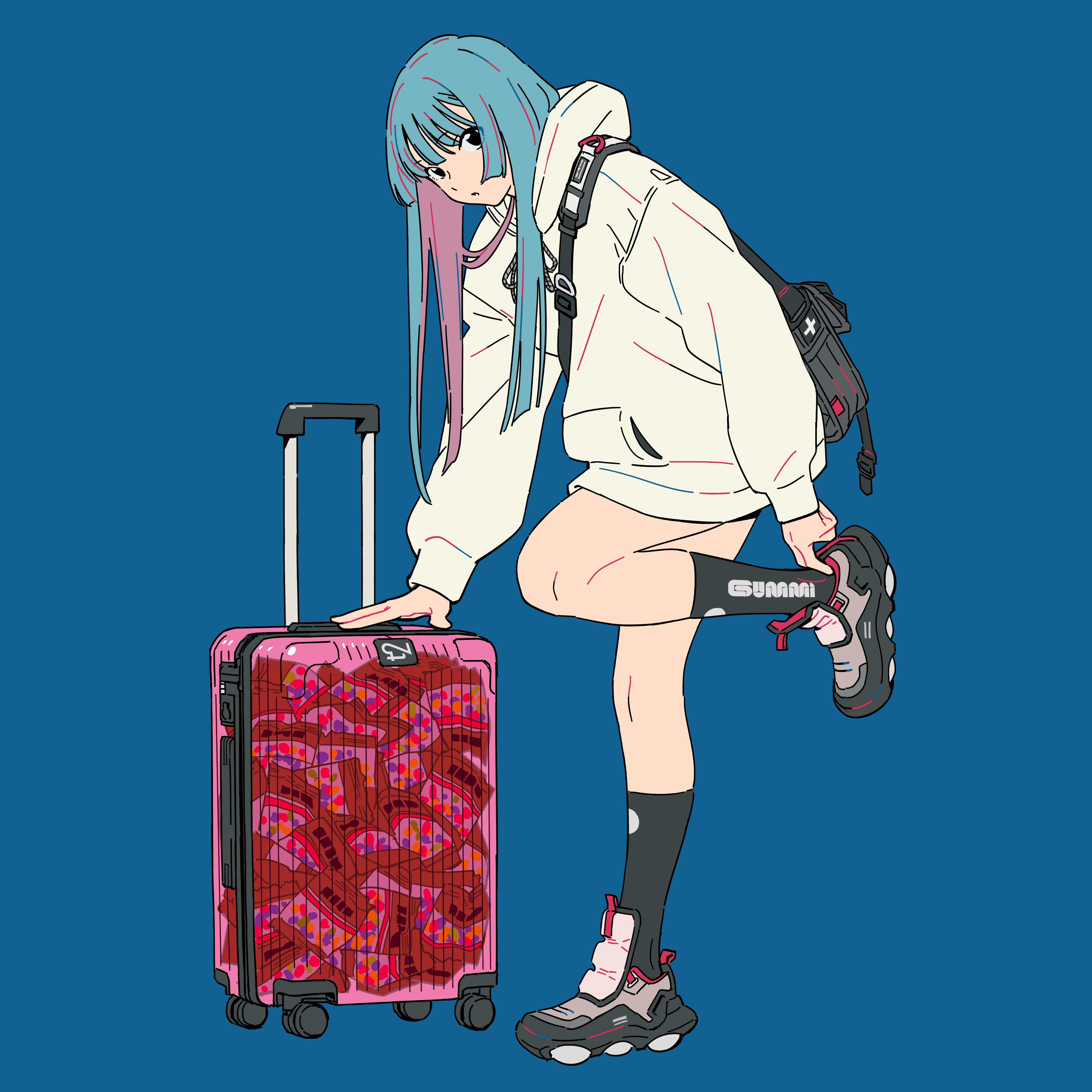 the image is a stylized digital illustration of an animestyle girl.  she has long teal hair with pink highlights, is wearing a white hoodie, dark socks and chunky sneakers.  she is bending one leg and is pulling up her shoe. she's standing next to a bright pink suitcase covered in a repeating pattern that appears to be candy or snacks. the background is a solid deep blue. the overall style is modern and slightly edgy, with a focus on fashion and character design. the art leans towards flat design with line art and subtle shading.