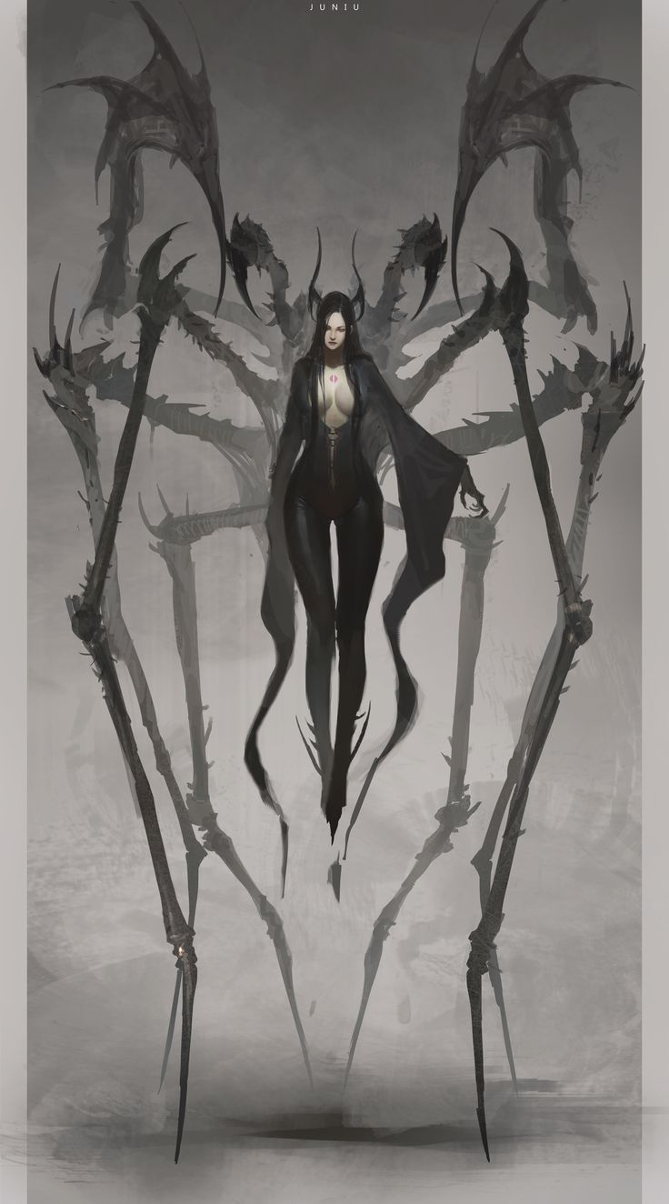 a digital art illustration of a woman standing on top of a giant spider in a dark and creepy setting. the woman is wearing a black outfit and has long black hair. the spider has long, spindly legs and a menacing face. the background is dark and shadowy, adding to the creepy atmosphere.