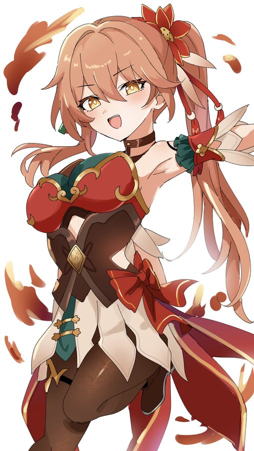 a digital illustration of a woman with long orange hair with a red flower in her hair, wearing a red and gold costume and holding a long weapon in her right hand. the background is a blur of orange and red.
