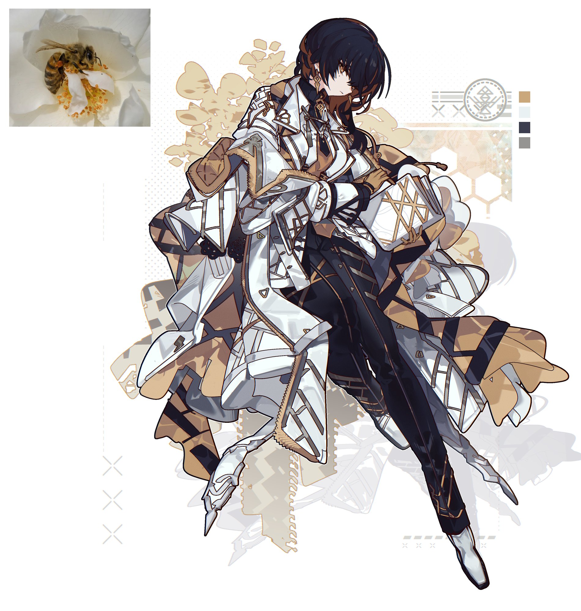 an animestyle illustration of a male character. the character has black hair with white ends and is wearing a white and gold outfit. he has a flower incorporated into his design, possibly a white peony. the background is white with gold and gray accents.