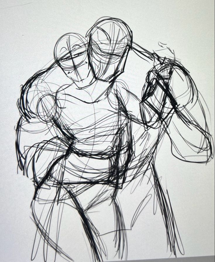 a black and white line art drawing of two figures embracing each other. the drawing is done in a sketchy style, with many overlapping lines creating a sense of movement and intimacy. the two figures are close together, with their arms wrapped around each other. they are both facing the same direction, and their heads are close together. the drawing evokes a sense of love and affection between the two figures.